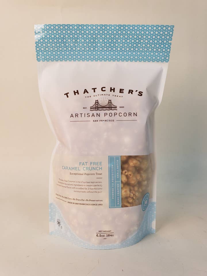 FAT FREE CARAMEL CRUNCH POUCH 7 OZ POPCORN for wholesale by Thatcher's Gourmet Popcorn