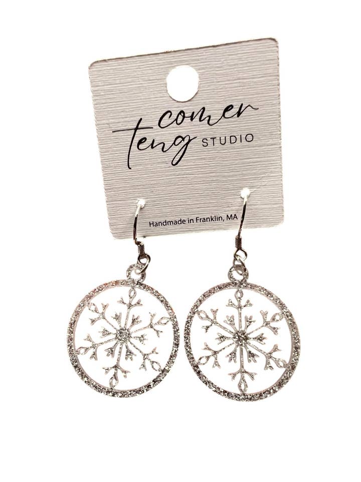 Silver Sparkle Acrylic Snowflake Earrings for wholesale by Comer Teng Studio