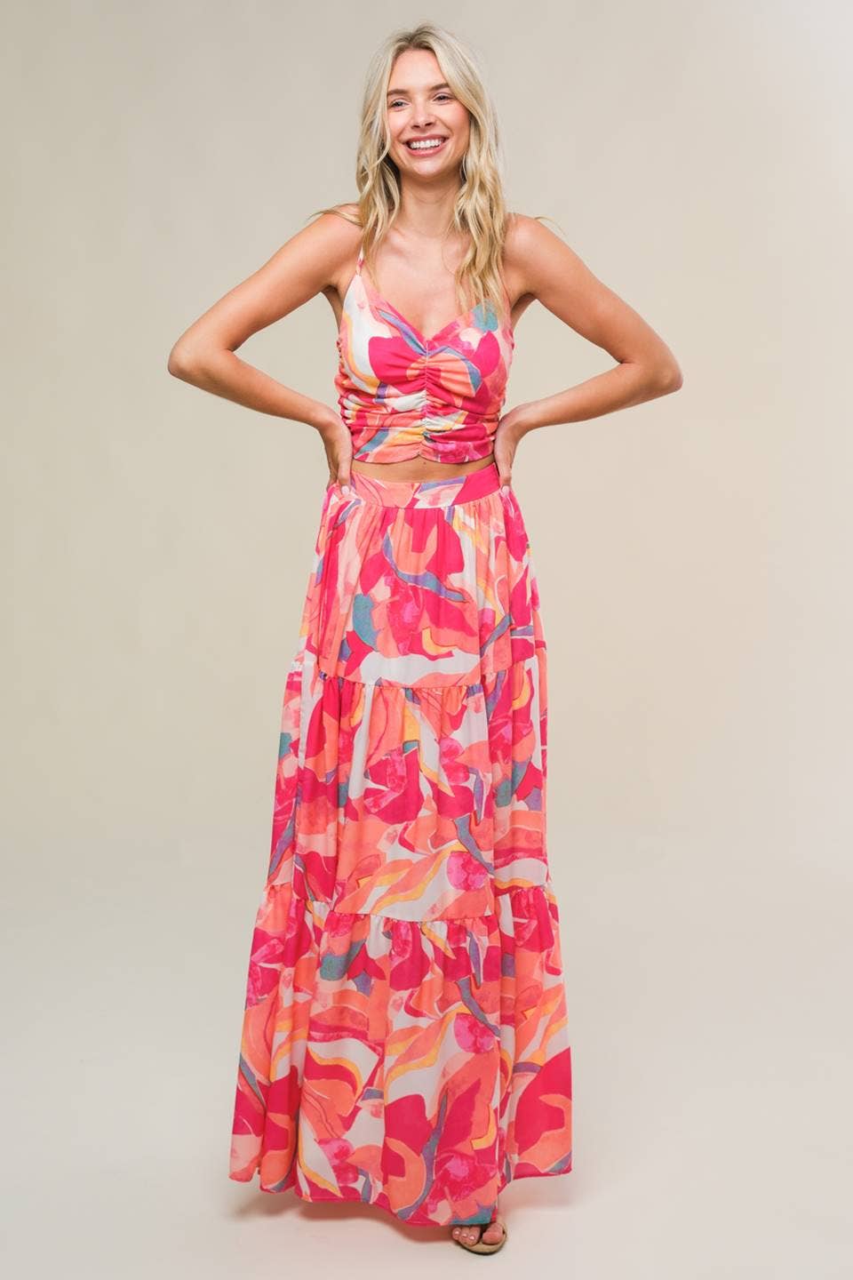 ELFENBEIN FUCHSIE Ein bedrucktes Set aus gewebtem Oberteil und Rock -IT13092-SET für den Großhandel auf Faire1