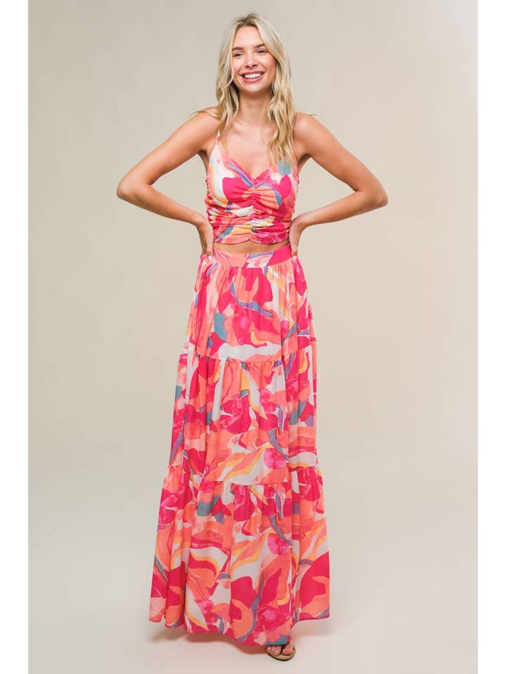 ELFENBEIN FUCHSIE Ein bedrucktes Set aus gewebtem Oberteil und Rock -IT13092-SET für den Großhandel auf Faire1