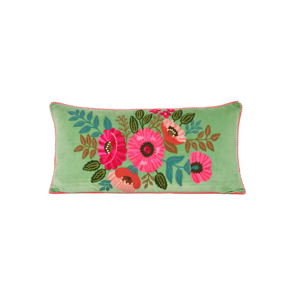 Karma Living – wholesale Dekorativ kudde – 2ABFLCC757_AQ SET/2 BLOMMIG AQUA VLVT KUDDE 14x28"1