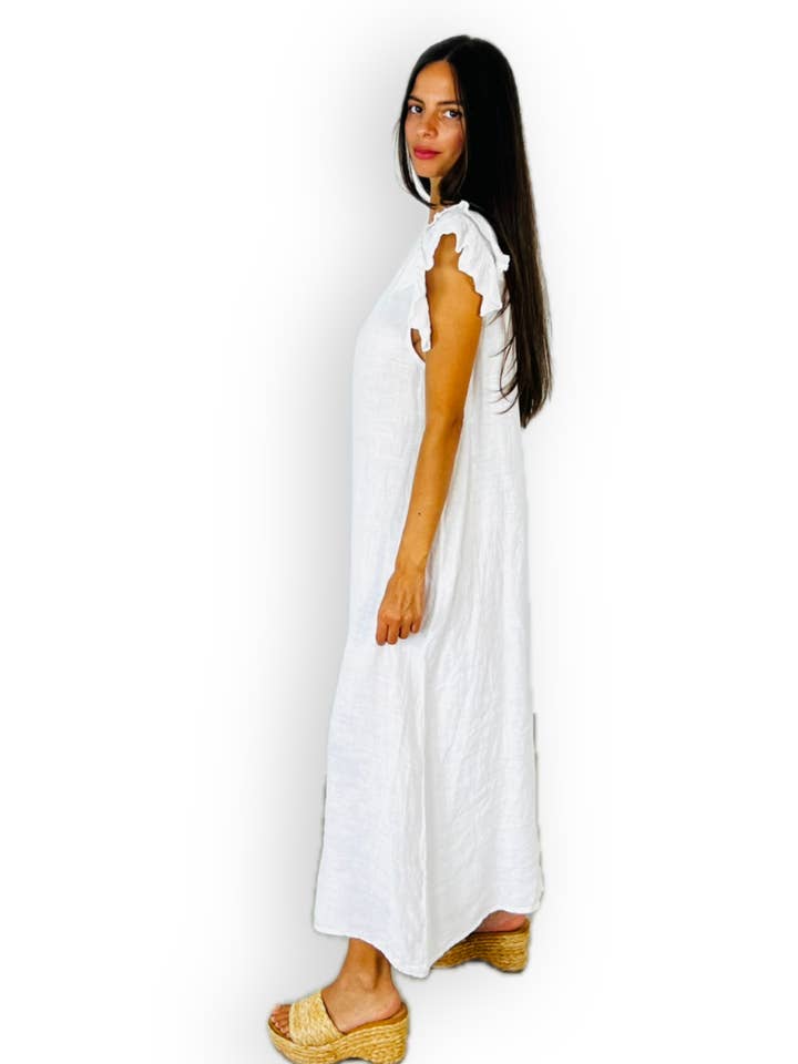 Robe en lin 100 % avec volant aux manches - réf 12019 pour la vente par Linos y Textiles