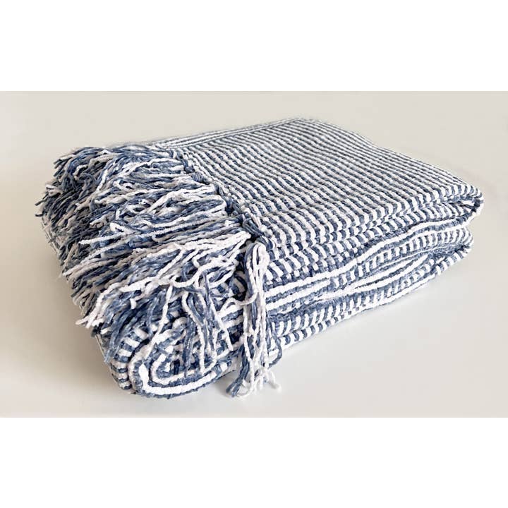 Fennco Styles - Wholesale Throw Blanket - Navy Blue Chenille Woven Striped 50"x60" Throw Blanket