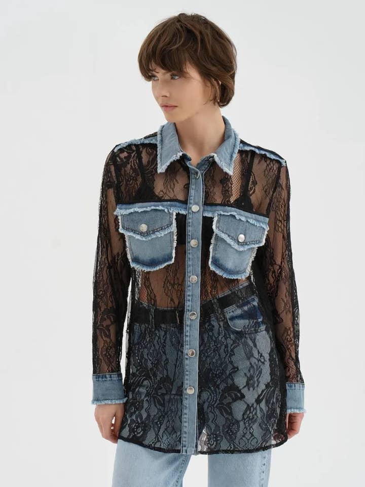 Lace and Denim Patchwork Shirt - Transparent Black Lace for wholesale by DesignofBoho