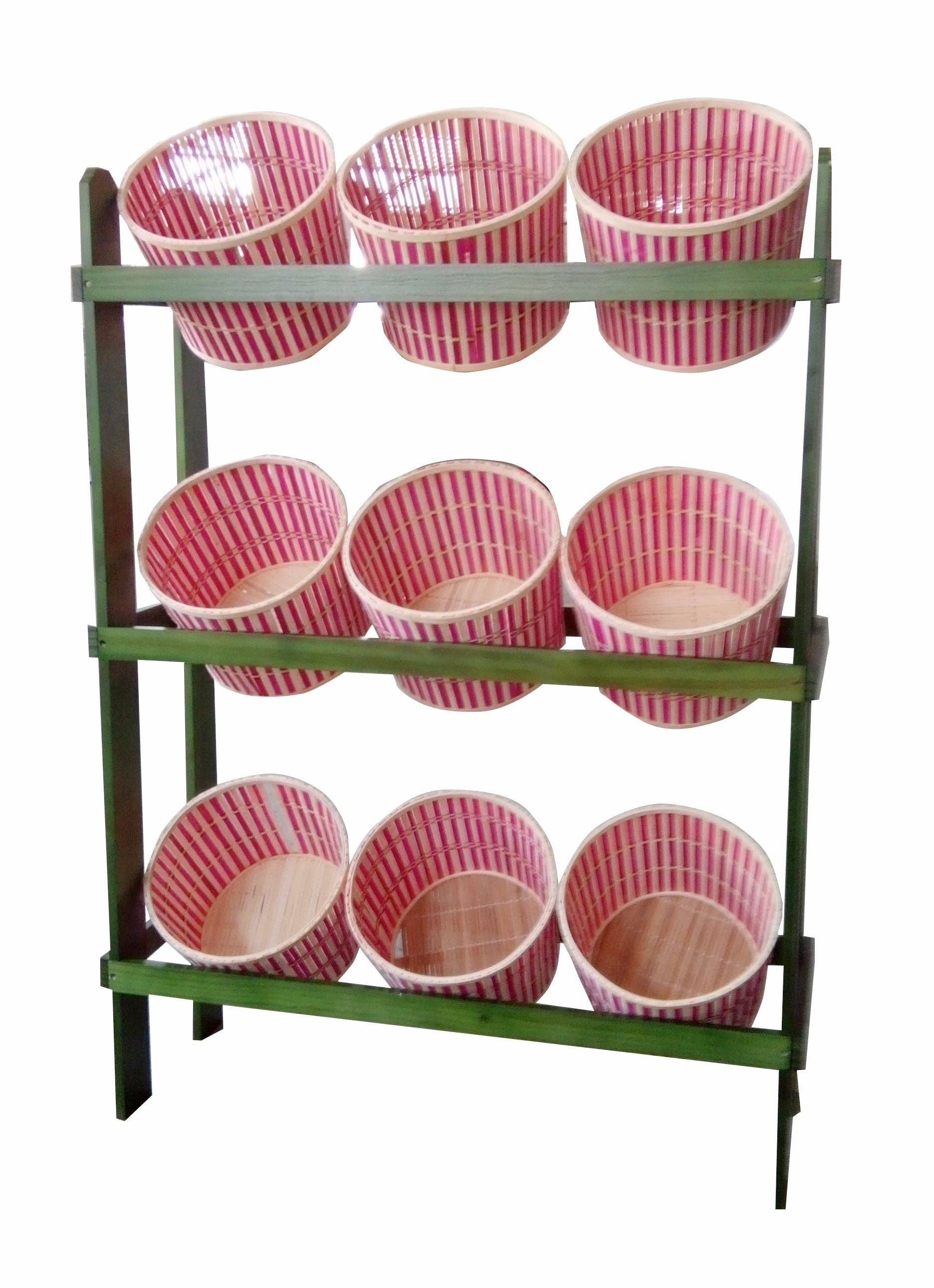 FIXTUREDISPLAYS - Wholesale Retailer Display Stand/Case - 38.5" x 44.0" x 11.3" Tiered Wooden Display, Floorstanding, 9 Baskets - Green Oak 193970