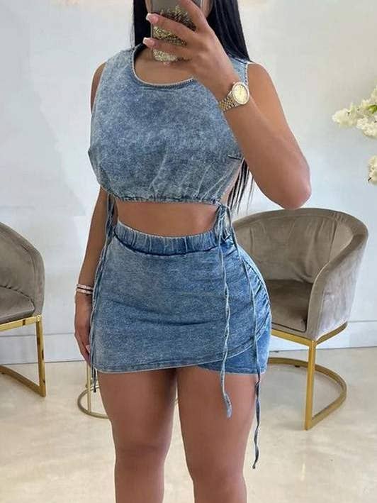 distressed denim mini skirt set for wholesale by Flarix