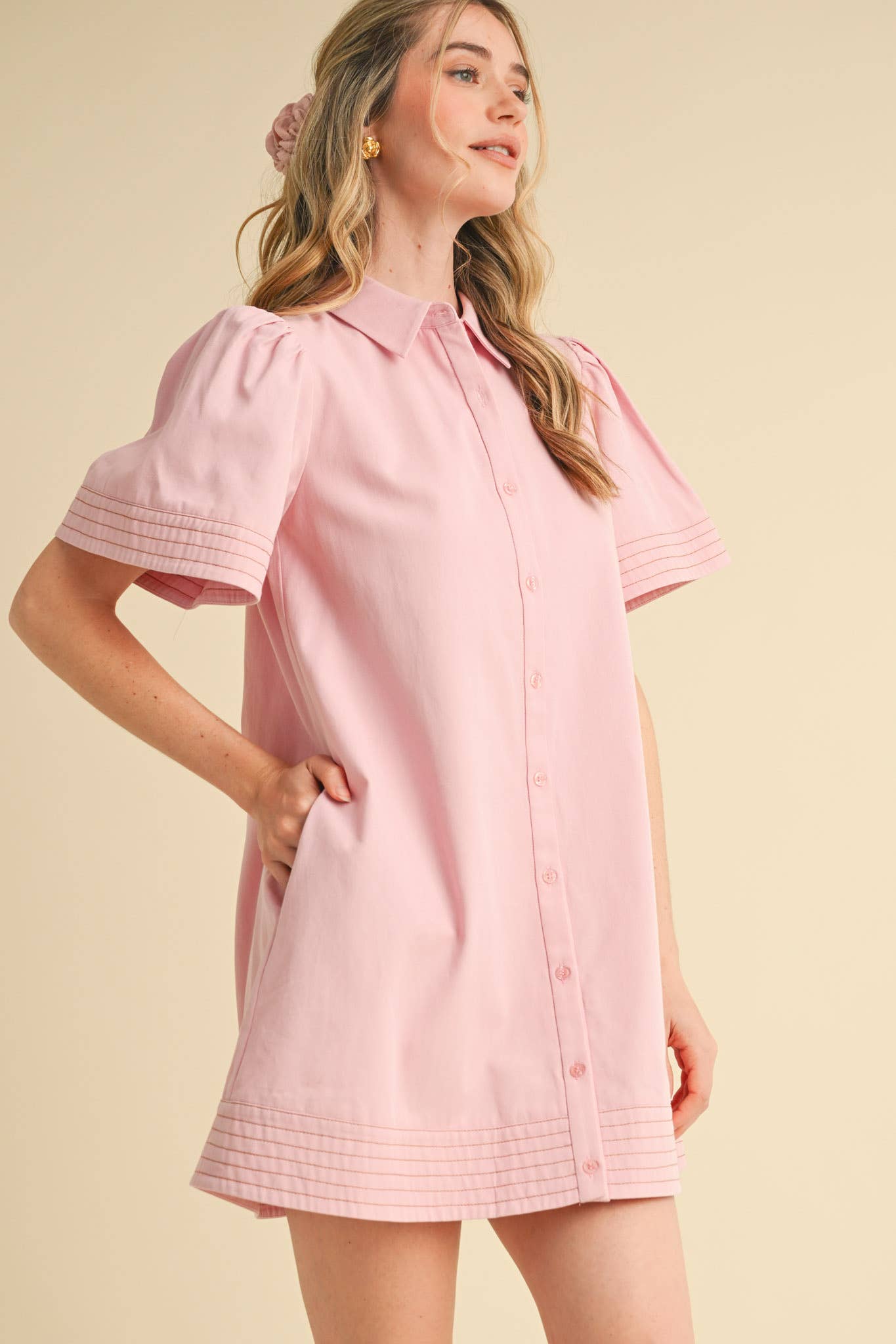 &MERCI - Wholesale Dress - Women's - SHORT SLEEVE BUTTON DOWN MINI DRESS MDR357242