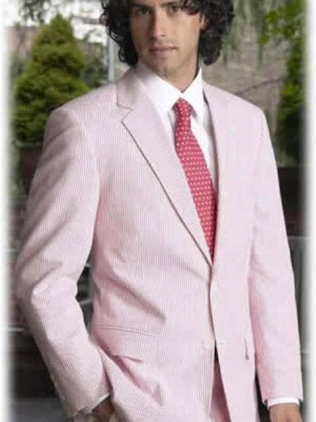 Sear Sucker Suit Mens Two Button Vented Red Seersucker Sear Sucker Suit (Jacket + Pants) Cheap Priced Blazer Jacket For Men Sport Coat + Pants for wholesale by Alberto Nardoni