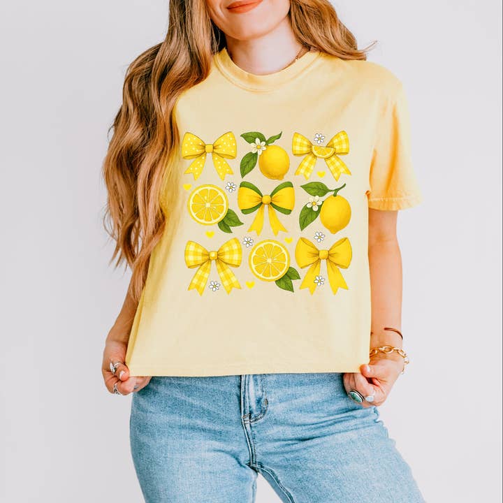 Coquette Lemons Pattern Bows Boxy Crop Top for wholesale by Olive And Ivory Wholesale
