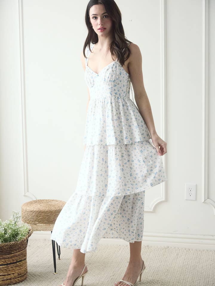 Blu Pepper - Wholesale Dress - Women's - FLORAL SLEEVELESS CORSET RUFFLE TIERED MIDI DRESS