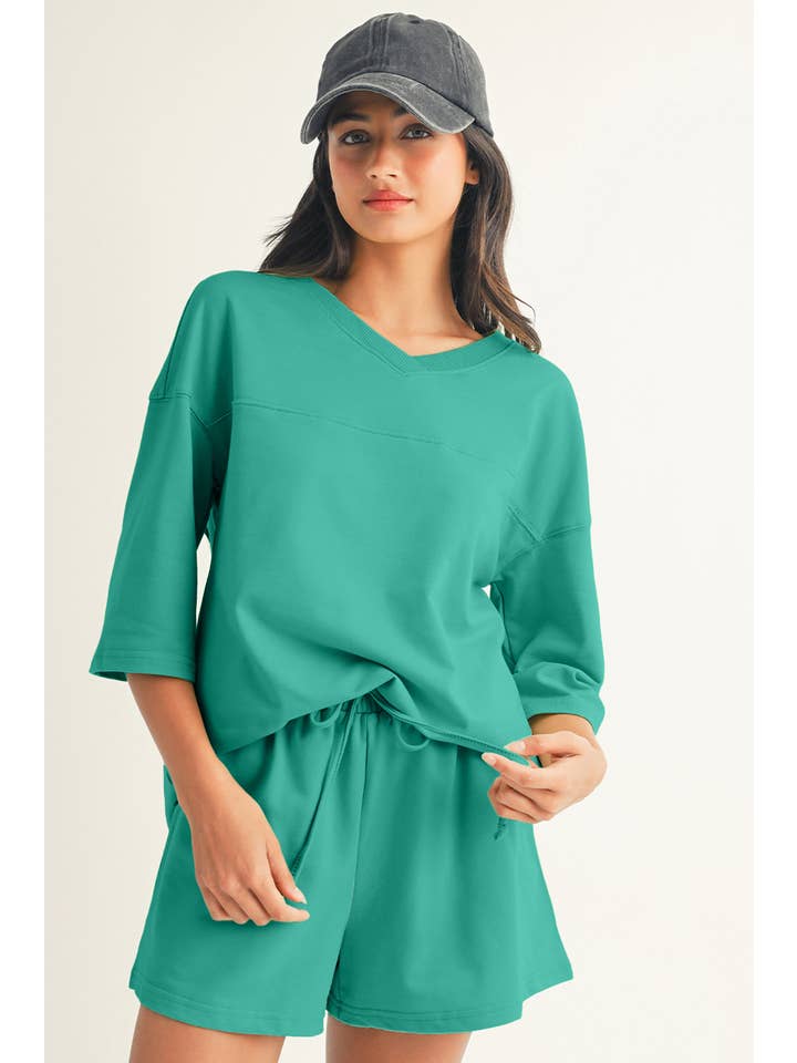 Little Daisy Closet - Wholesale Top & Short Set (NOT Loungewear) - Women's - LDC Solid Loose V Neck Half Sleeve Tee and Shorts