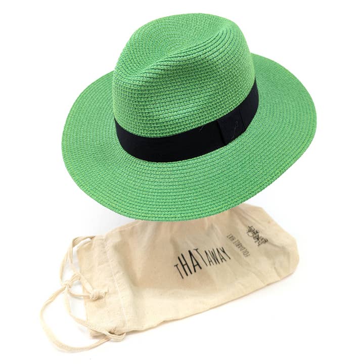 Folding Panama Style Travel Sun Hat - Green & Black (57cm) for wholesale by Black Ginger