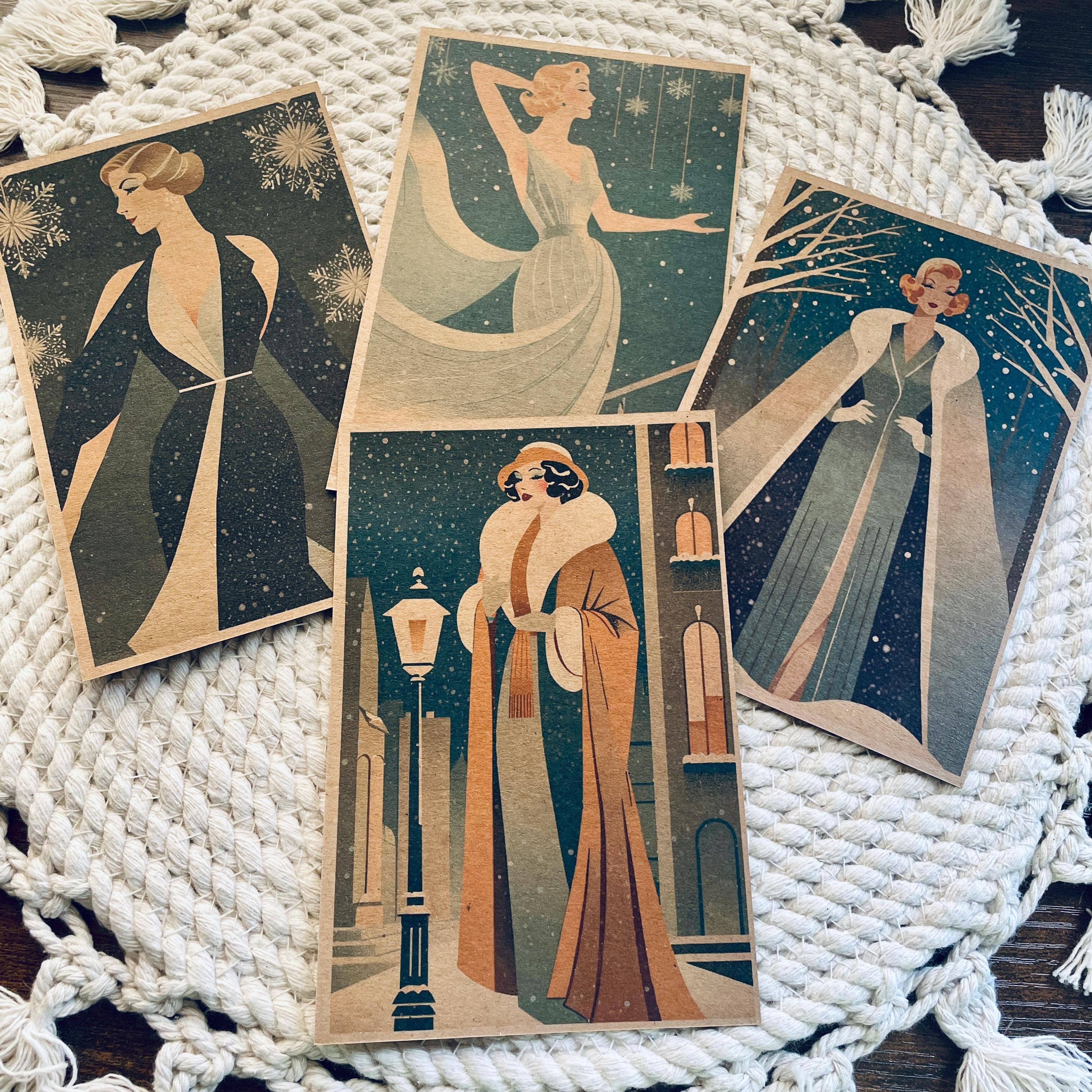 Cryptic Paper Co. - Vente Assortiment de cartes postales - Ensemble de 4 cartes postales de Noël Art déco hiver Kraft 10x15 cm7