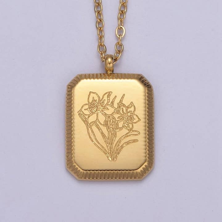 Aim Eternal - Wholesale Pendant/Charm Necklace - Gold Flower Tag Charm Engraved Floral Pendant Necklace with Cable Chain Necklace Wholesale Fashion Jewelry | WA-649 to WA-660 Clearance Pricing2