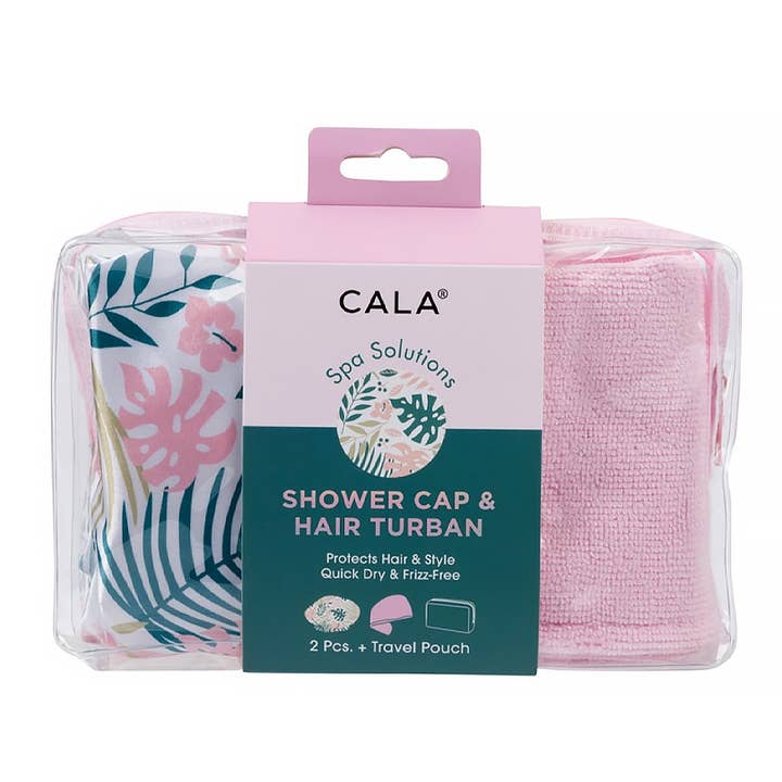 PINEAPPLE Beauty - Wholesale Hair Towel/Wrap - CALA 69255 Palms Shower Cap & Hair Turban Set w/ Pouch - 60