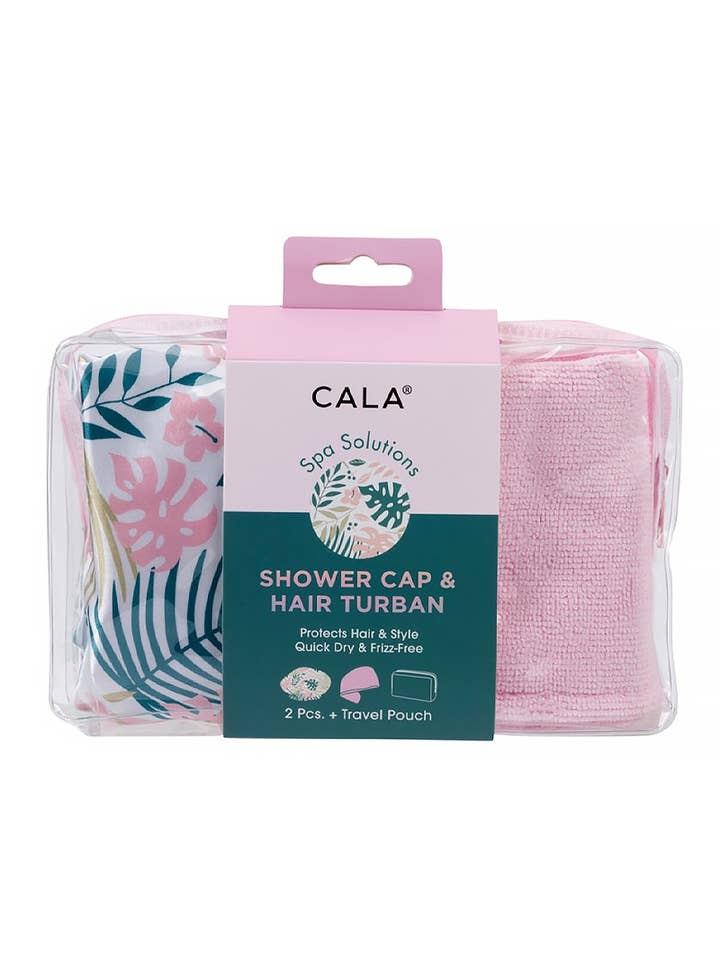 CALA 69255 Palms Shower Cap & Hair Turban Set w/ Pouch - 6 for wholesale by PINEAPPLE Beauty