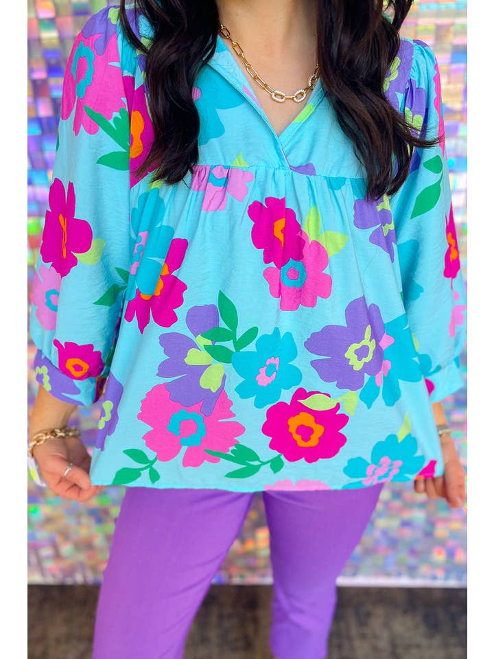 Lyseblå Blomstret V-hals Babydoll bluse plus størrelse for engroshandel på Faire