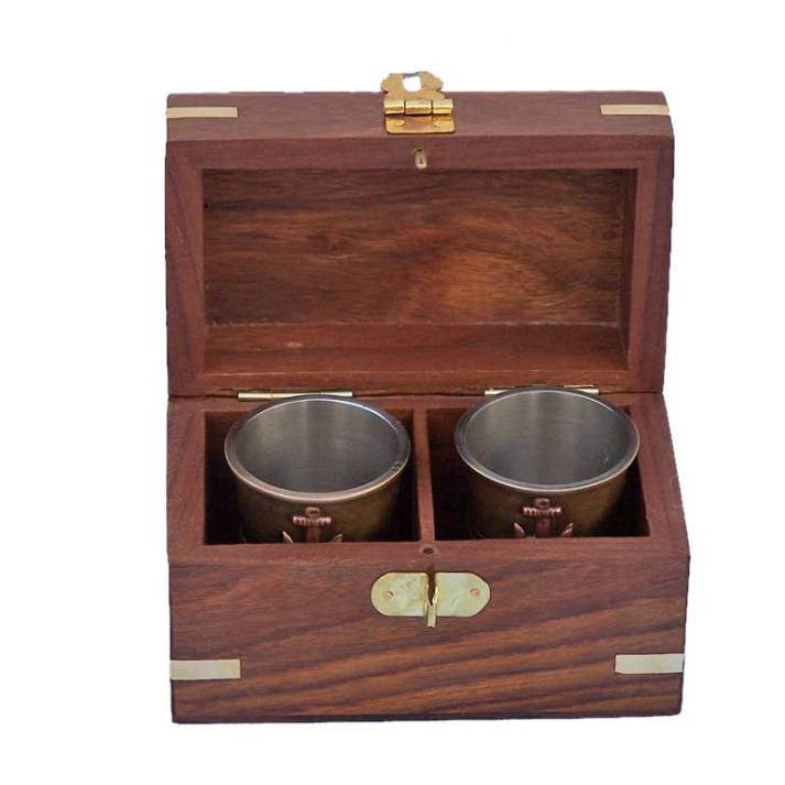 Juego de vasos de chupito con forma de ancla de latón envejecido con caja de palisandro de 4 pulgadas para venta al por mayor de Hampton Nautical