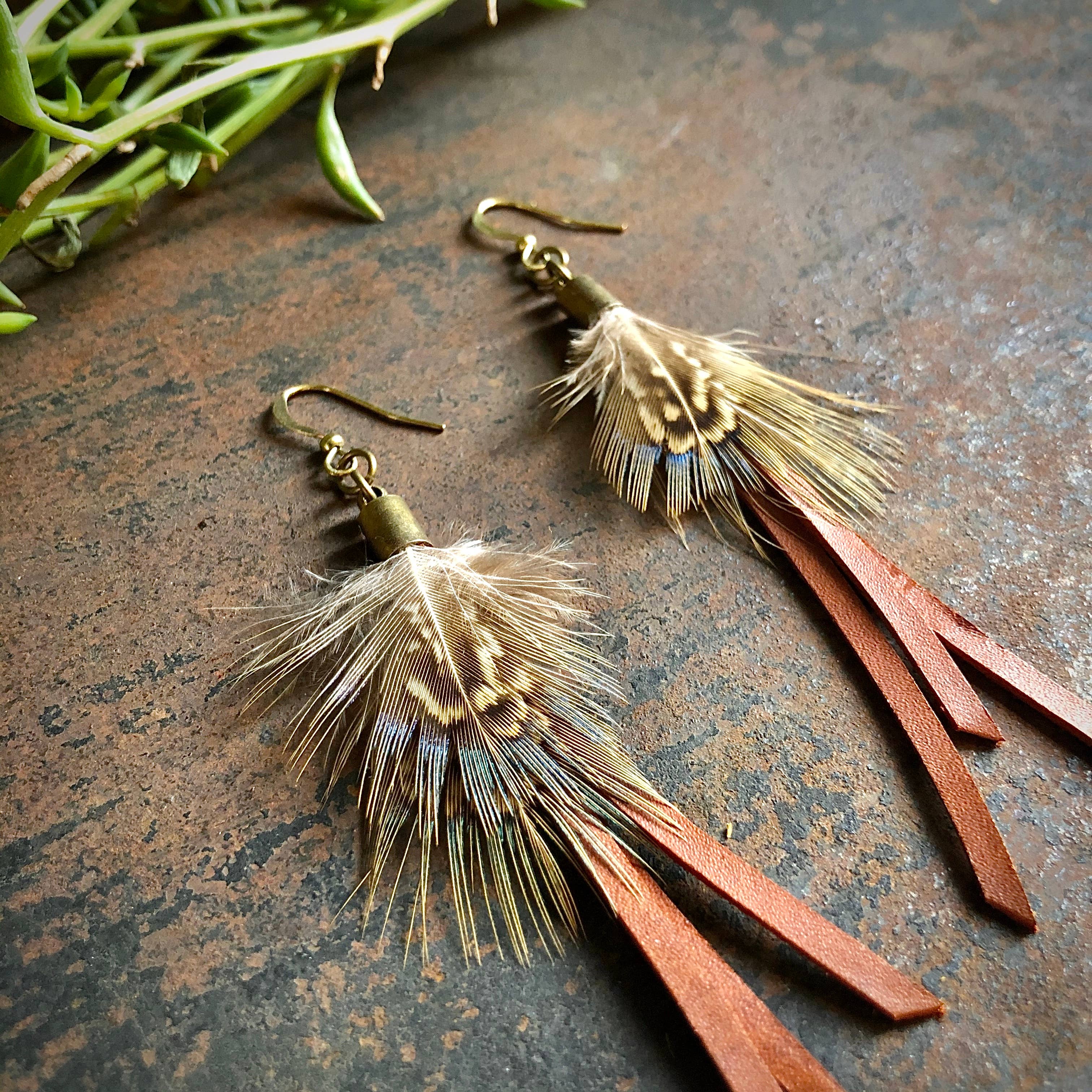 ASTALI – wholesale Tassel earrings – Feather Mini Earrings - Rust Leather & Pheasant Feathers6