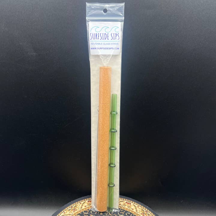 "Tiki Bamboo" 8" Reusable glass straw travel kit for wholesale by Surfside Sips