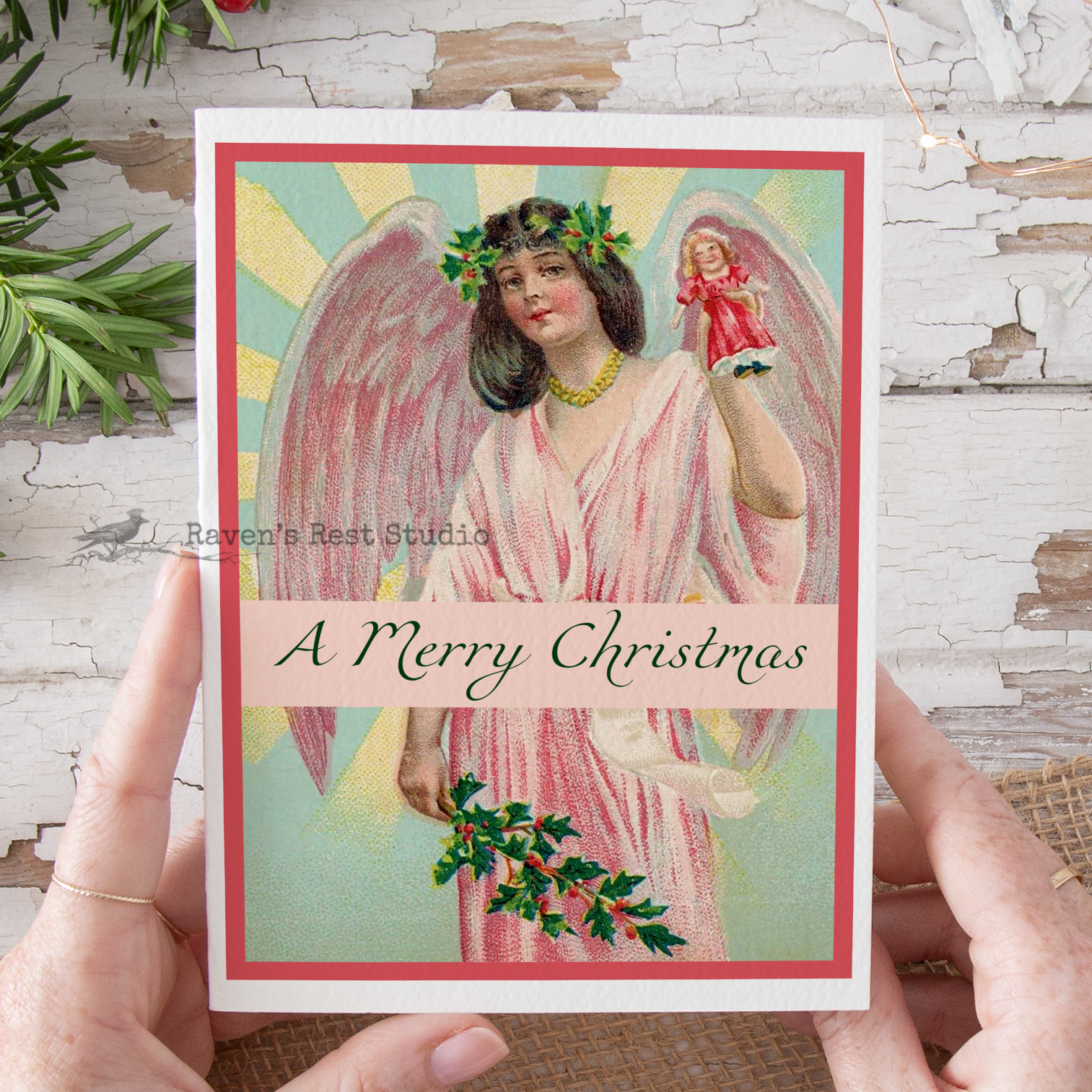 Cheerful Whimsies - Wholesale Christmas Card - Christmas Card. Sweet Vintage Angel With Toy Doll and Holly.0