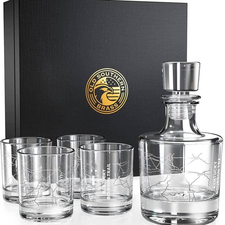 Kentucky Bourbon Trail Decanter Whiskey Glass Gift Set for wholesale by Old Southern Brass