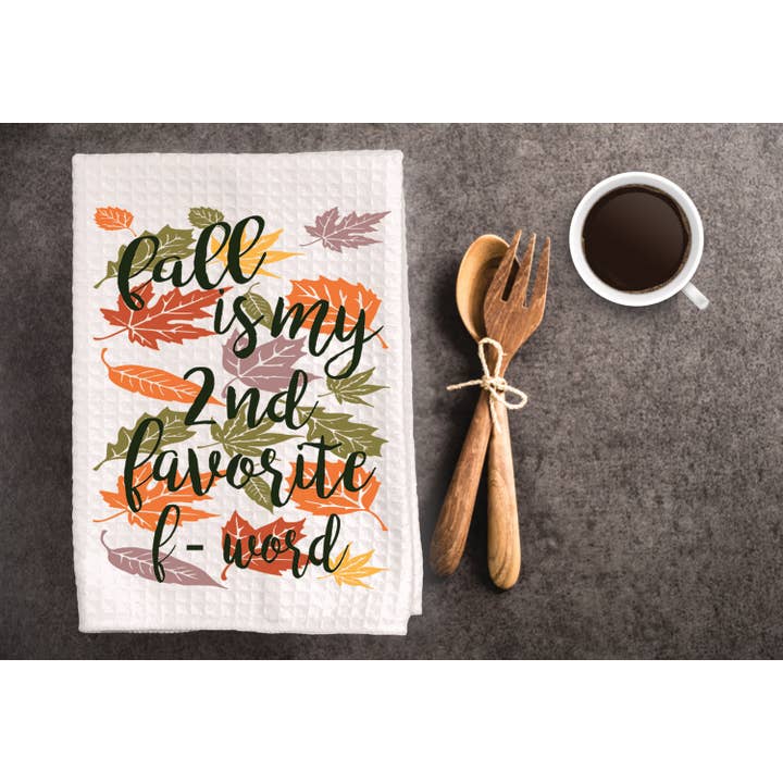 Funny fall dish towel "fall is my 2nd favorite f-word" for wholesale by Cleverish Co
