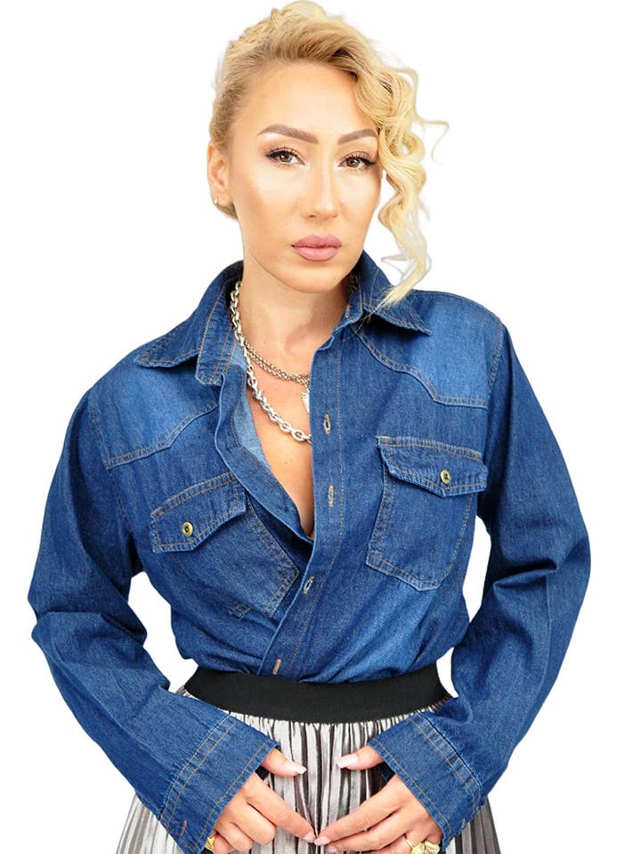 Chemise en jean surdimensionnée bleu foncé pour la vente par Kalimera Clothing Athens