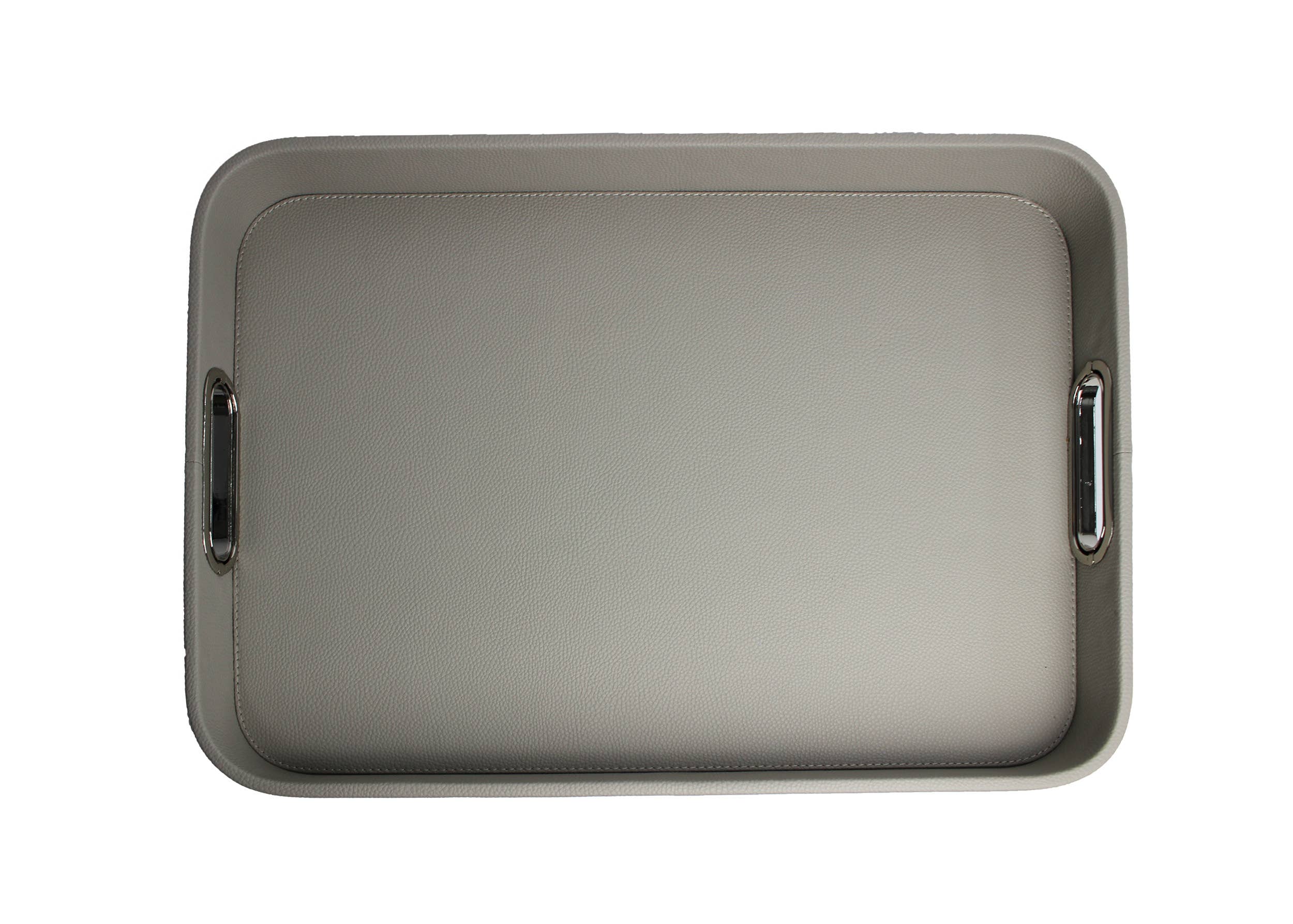 Signature Home Collection GmbH - Wholesale Serving Tray - Tray faux leather light gray smooth leather look stainless steel handles3