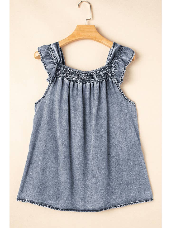 Ashleigh Blue Denim Ruffle Sleeveless Summer Tank Top for wholesale on Faire