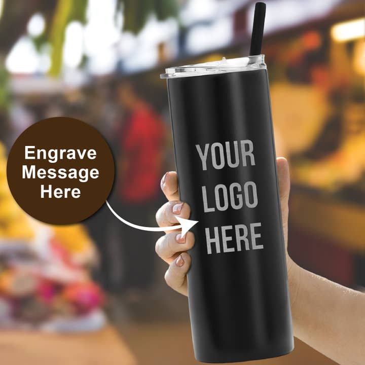 Engrave My Memories - Wholesale Insulated Mug/Tumbler - Custom Engraved Logo Skinny Tumblers, Personalized Bulk 20oz
