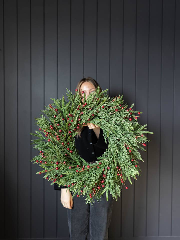 Red Plum Berry Norfolk Cypress Real Touch Wreath - 24" for wholesale by Luxe B Co