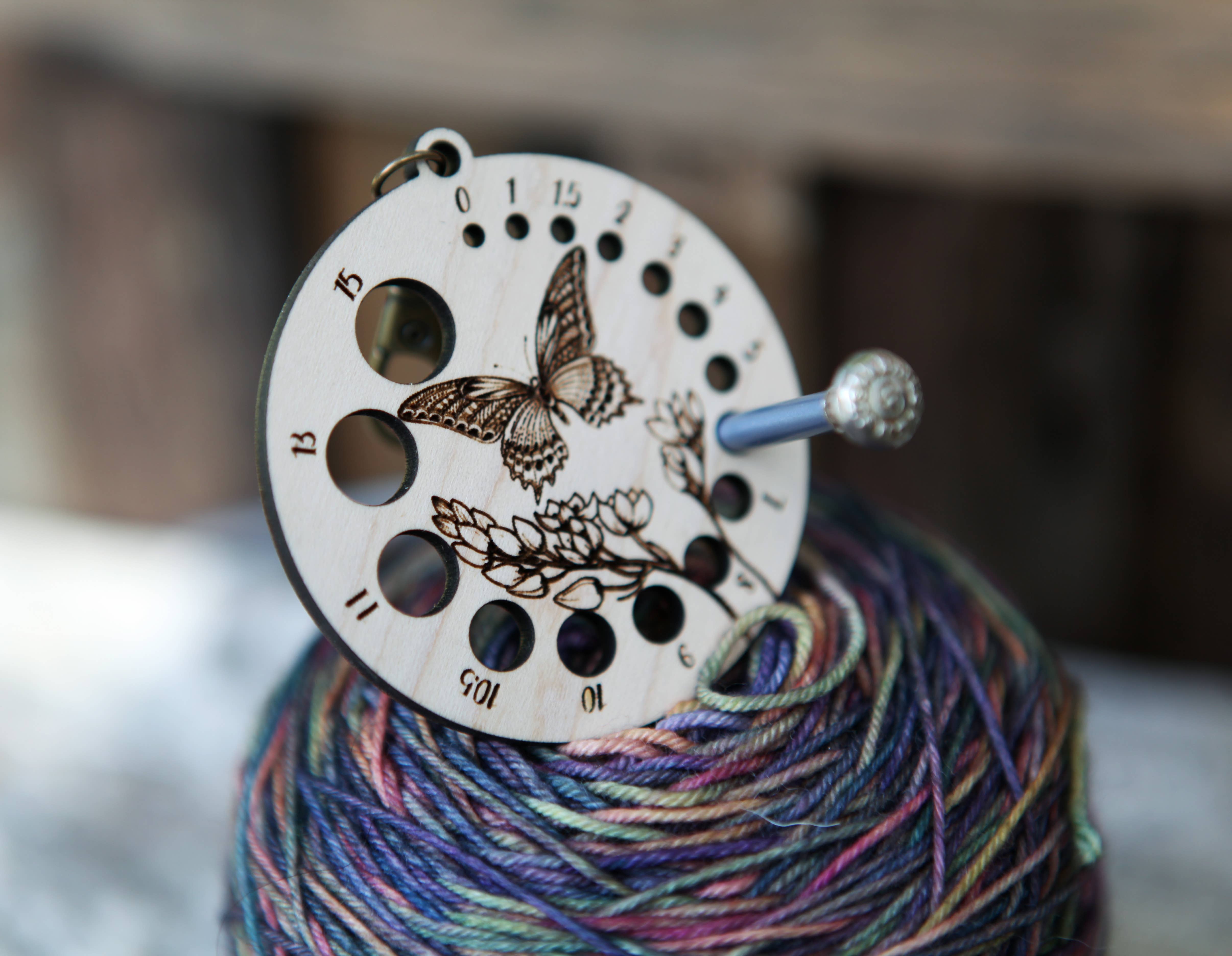 Sunrise Grove - Wholesale Knitting/Crochet Supplies - Butterfly with Flower Needle Gauge with Bronze Clasp 1