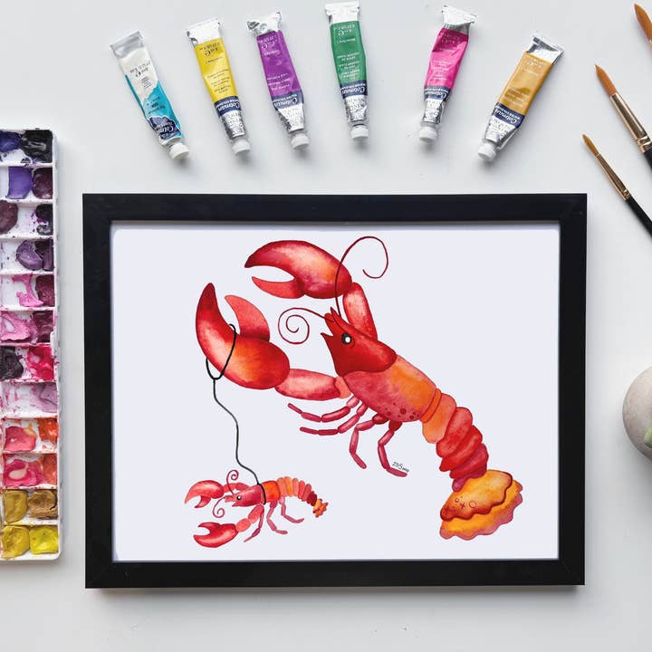 Stampa di Aragosta – Arte Stravagante di Crostacei Oceanici per la vendita all'ingrosso da parte di Owlfeathers Watercolor