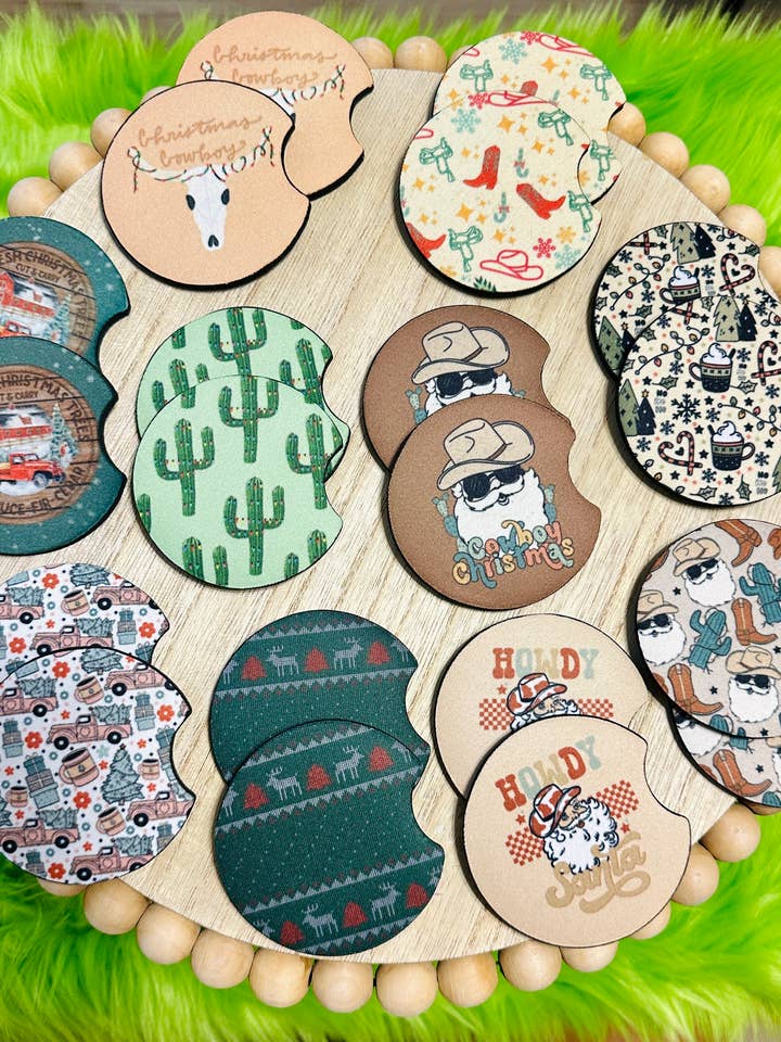 Western Christmas Car Coasters | 10 Sets of Car Coasters for wholesale by Bizzz Designs