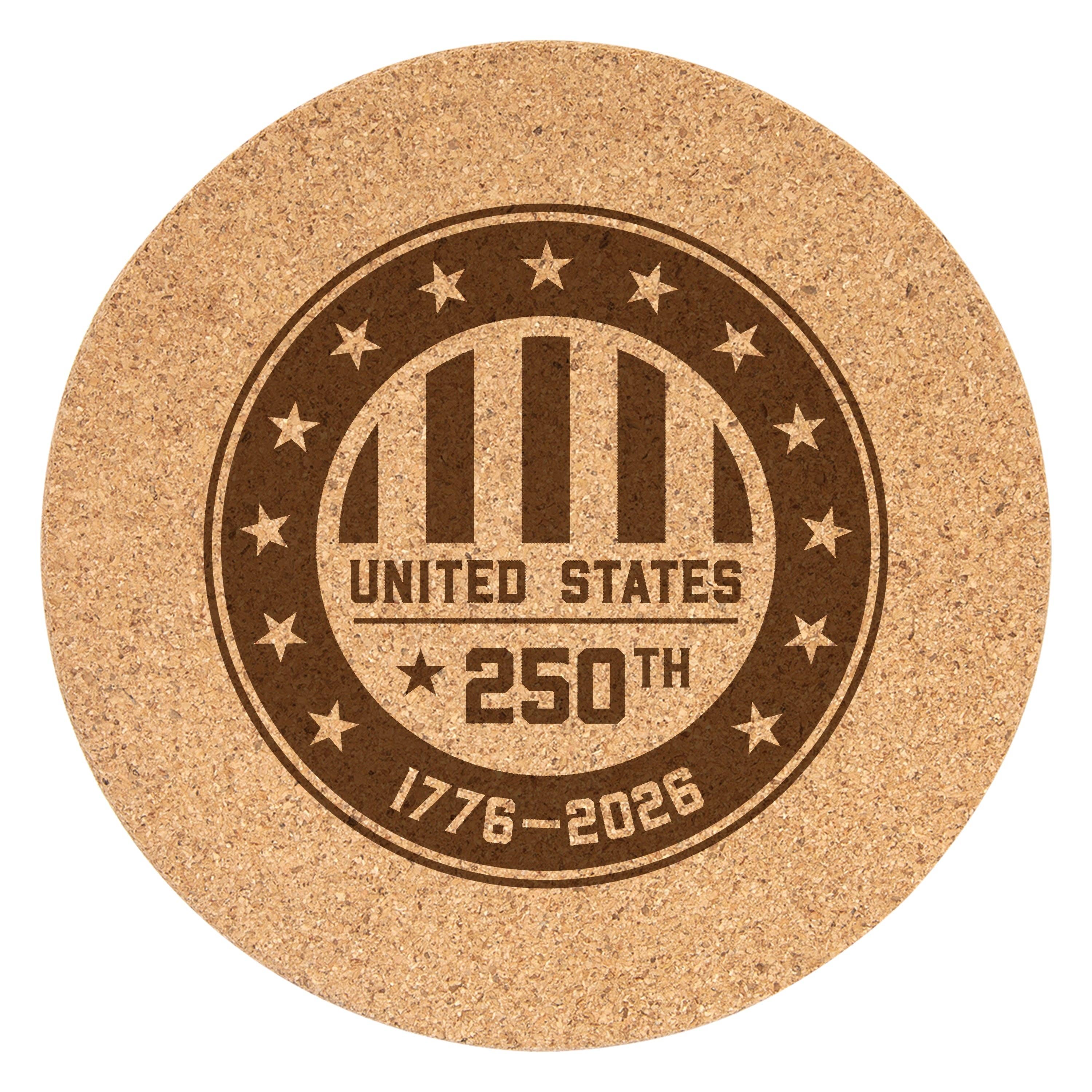 GiftWorksPlus - Wholesale Trivet - USA 250 - Round Engraved Cork Trivet - G-TRV3-1-00080