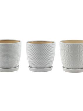 3 Assorted White Planters Drain Hole and Saucer #14217 for wholesale by Napco