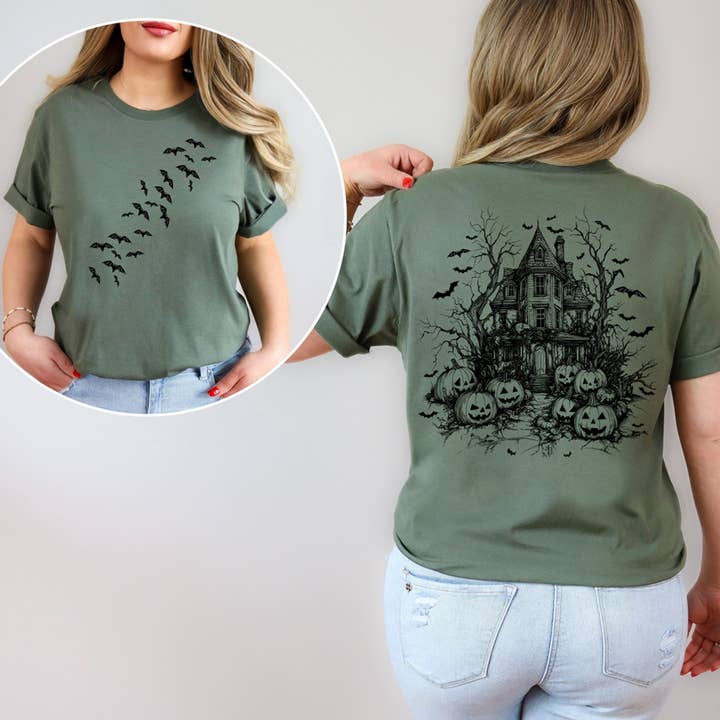 Distressed Haunted House Front and Back Tee for wholesale by Trendy Tee Co.