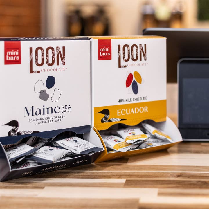 Loon Chocolate - Wholesale Chocolate Bar - Maine Sea Salt Mini Bars (70-Count Display Box)3