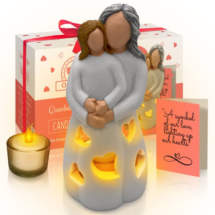 Hand-Painted Grandma-Granddaughter Candle Holder Statue Gift, with Flickering LED Candle | Gigi Grandmother Birthday Gift, Unique Nana Present Ideas for Christmas, Greeting Card Included for wholesale by OakiWay