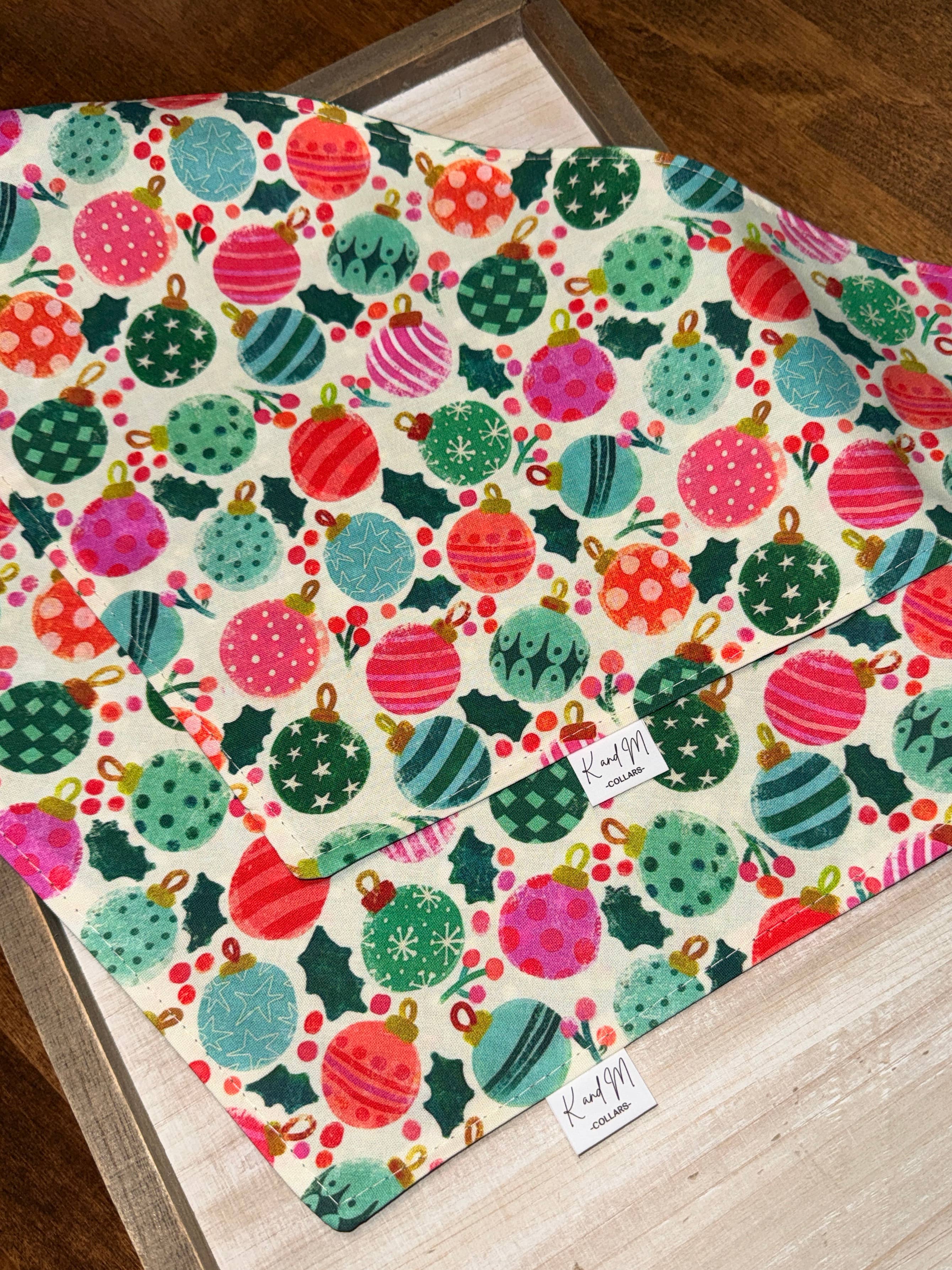 K and M Collars - Wholesale Pet Bandana - Dog - Watercolor Christmas Ornaments Dog Bandana, Reversible1