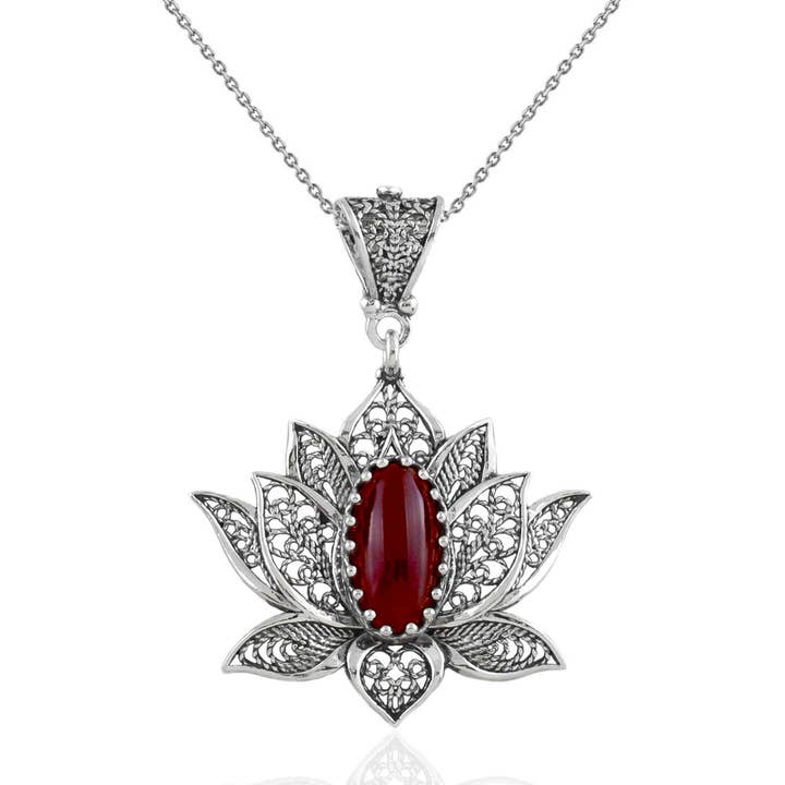 Filigranist Jewelry - Wholesale Pendant/Charm Necklace - Sterling Silver Lotus Carnelian Pendant Necklace