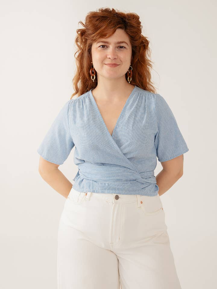 Wren Wrap Top Blue Stripe Linen Cotton for wholesale by Mata Traders