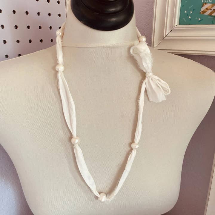 Ethelyn - pearl ribbon necklace - silk ribbon pearl necklace for wholesale by The green antique trunk