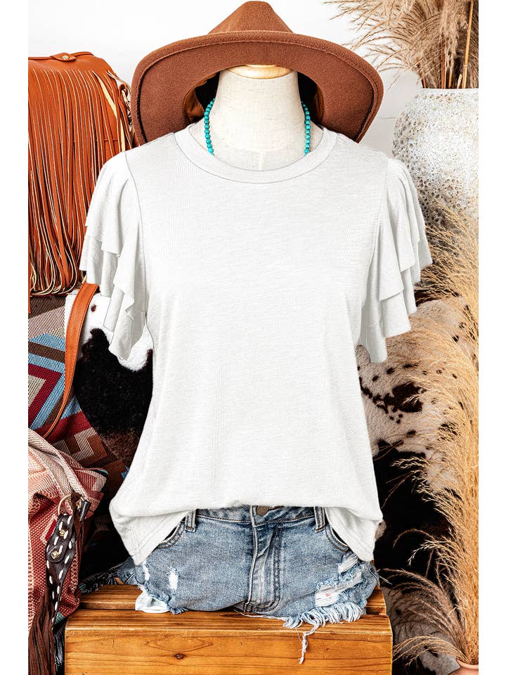fashionworks - Wholesale Blouse - Women's - Fashion Western Layered Ruffle Short Sleeve Round Neck Top