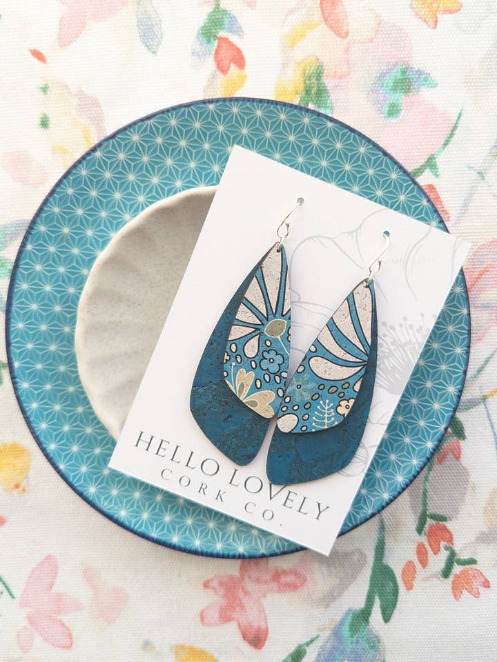 Dragonfly Earrings - Daisy Floral on Teal for wholesale by Hello Lovely Cork Co.