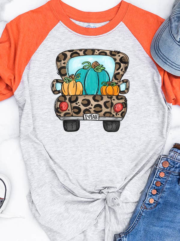 Fall Clothing Leopard Pumpkin Truck Raglan 267224dtf for wholesale by Cali Boutique Wholesale