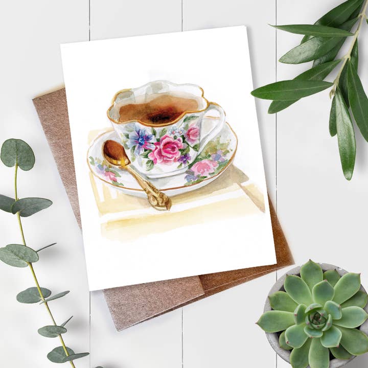 Floral Tea Cup Blank A2 Single Note Card for wholesale by Mary M Spencer Design