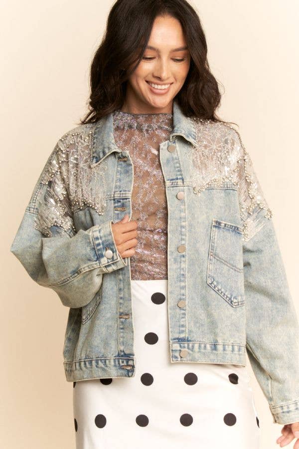 MESH STITCHING BUTTON DOWN DENIM JACKET for wholesale on Faire