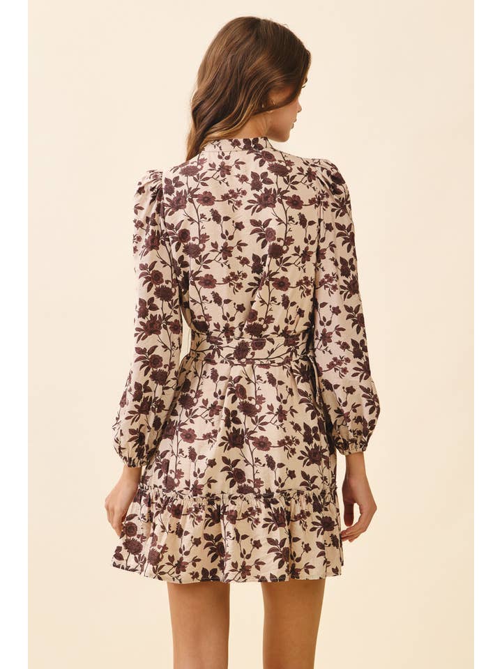 Beige CD06392-Floral Print High Neck Removable Buckle Belt Dress for wholesale on Faire3